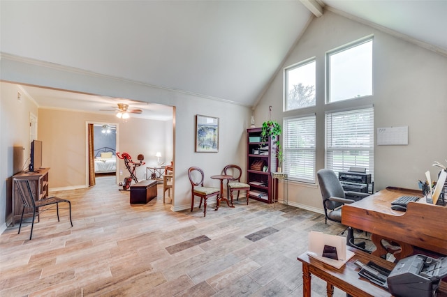 2715 Peach Tree Dr, Carrollton, TX 75006 - home office featuring high vaulted ceiling, crown molding, beamed ceiling, light wood-type flooring, and baseboards