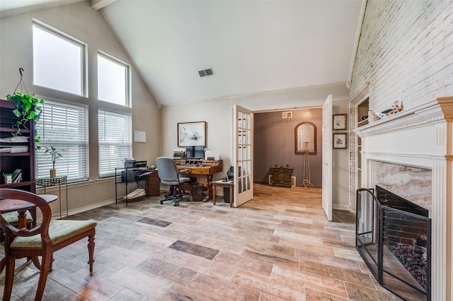 2715 Peach Tree Dr, Carrollton, TX 75006 - office featuring high vaulted ceiling, healthy amount of natural light, a high end fireplace, baseboards, and beamed ceiling