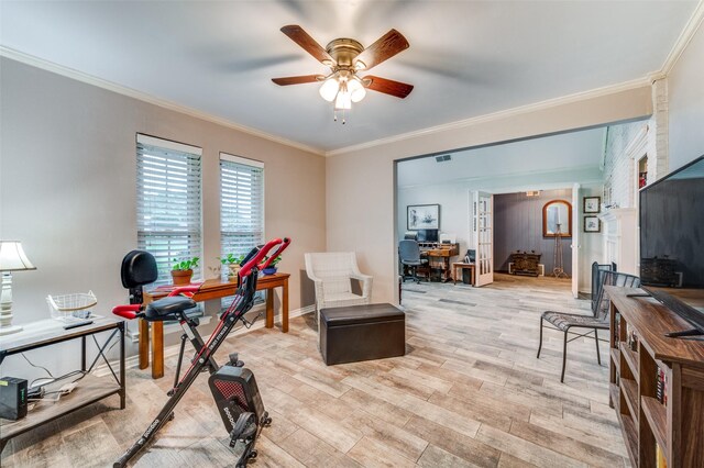 2715 Peach Tree Dr, Carrollton, TX 75006 - office space featuring a ceiling fan, ornamental molding, light wood-style flooring, and baseboards