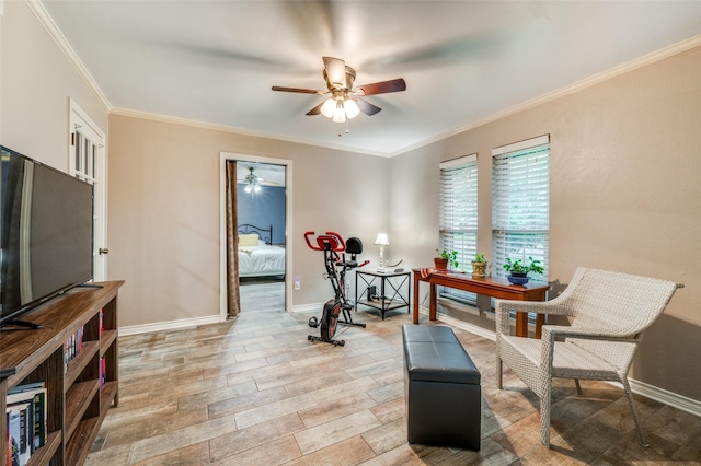 2715 Peach Tree Dr, Carrollton, TX 75006 - sitting room with ceiling fan, ornamental molding, and baseboards