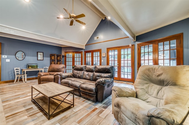 2715 Peach Tree Dr, Carrollton, TX 75006 - living room with french doors, light wood-type flooring, beam ceiling, ceiling fan, and high vaulted ceiling