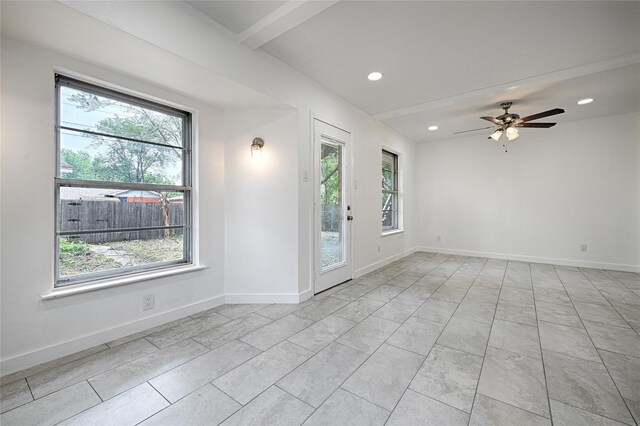 empty room with healthy amount of natural light, baseboards, recessed lighting, and ceiling fan