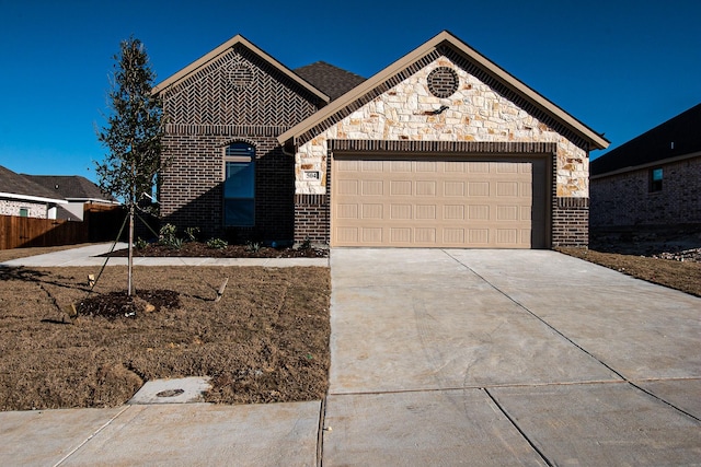 504 Lakeway Ln, Justin, TX 76247 - french provincial home with a garage, concrete driveway, brick siding, and stone siding