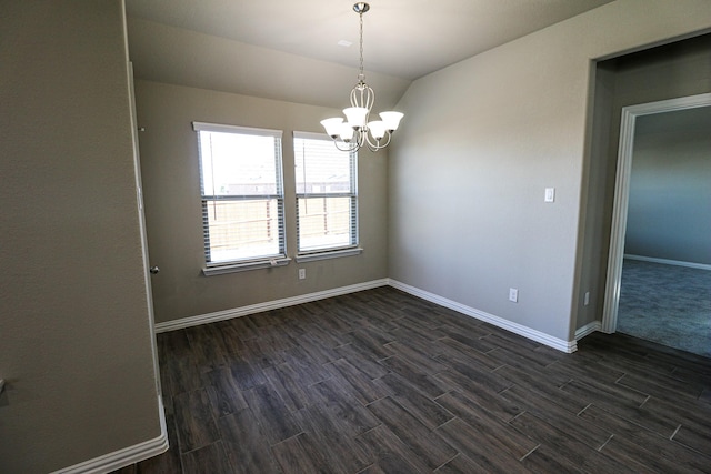504 Lakeway Ln, Justin, TX 76247 - unfurnished room featuring dark wood finished floors, a chandelier, lofted ceiling, and baseboards