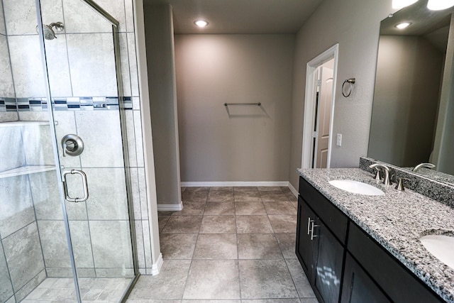 504 Lakeway Ln, Justin, TX 76247 - full bath featuring a stall shower, baseboards, double vanity, and recessed lighting