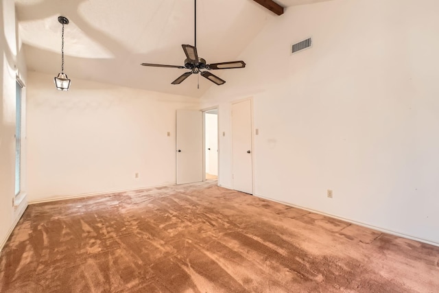 107 San Medina Ln, Joshua, TX 76058 - spare room with carpet flooring, beam ceiling, ceiling fan, and high vaulted ceiling