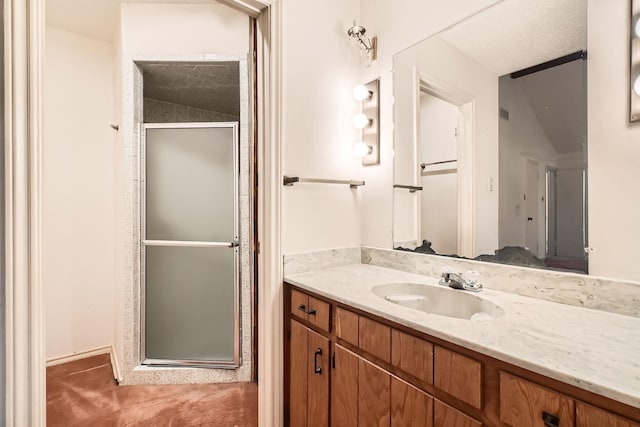 107 San Medina Ln, Joshua, TX 76058 - bathroom with vanity, a shower stall, and vaulted ceiling