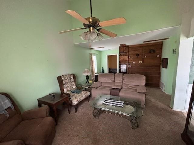 2220 N Clements St, Gainesville, TX 76240 - living area with carpet floors, a towering ceiling, and ceiling fan