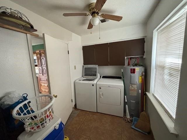 2220 N Clements St, Gainesville, TX 76240 - washroom featuring electric water heater, independent washer and dryer, a ceiling fan, and tile patterned flooring