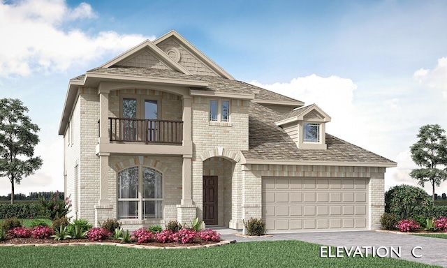 849 Blue Yucca Ln, Little Elm, TX 76227 - french country inspired facade featuring a balcony, brick siding, driveway, an attached garage, and a front yard