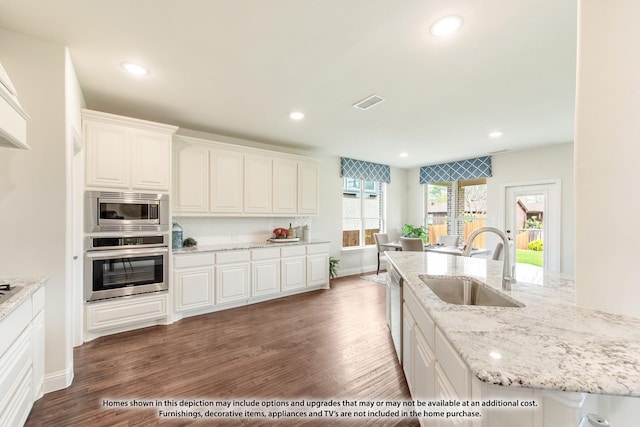 849 Blue Yucca Ln, Little Elm, TX 76227 - kitchen featuring appliances with stainless steel finishes, a sink, wood finished floors, white cabinets, and recessed lighting