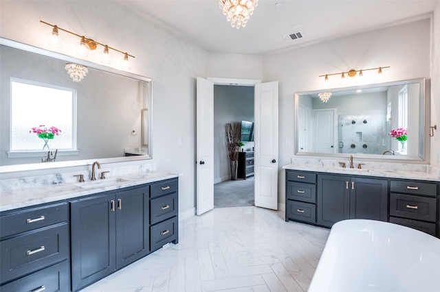 5208 Westfield Dr, Parker, TX 75002 - full bathroom with marble finish floors, two vanities, a shower stall, and a freestanding bath