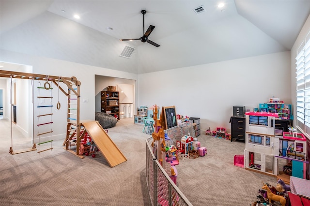5208 Westfield Dr, Parker, TX 75002 - playroom featuring a ceiling fan, carpet flooring, high vaulted ceiling, and recessed lighting