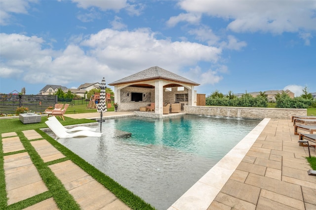 5208 Westfield Dr, Parker, TX 75002 - outdoor pool featuring a gazebo, a patio, exterior fireplace, and fence