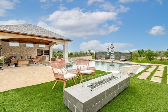5208 Westfield Dr, Parker, TX 75002 - view of green lawn featuring an outdoor living space with a fire pit, an outdoor pool, a patio, and a gazebo