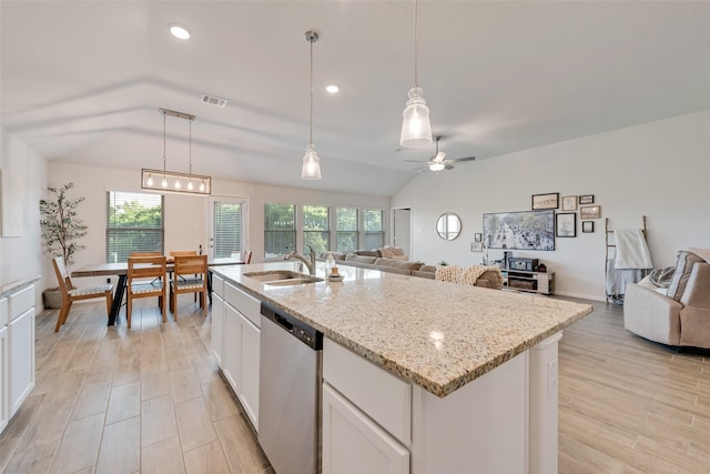 148 Greenback Trl, Fort Worth, TX 76131 - kitchen with stainless steel dishwasher, a sink, open floor plan, ceiling fan, and vaulted ceiling