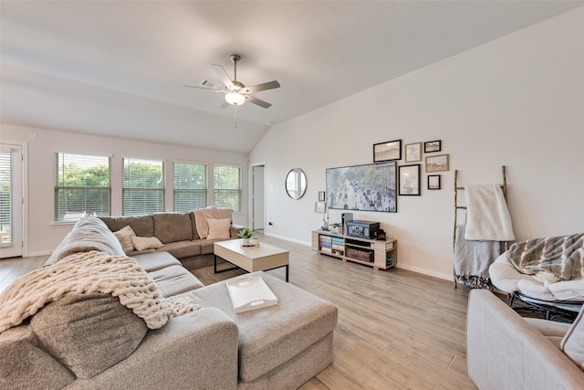 148 Greenback Trl, Fort Worth, TX 76131 - living room featuring ceiling fan, baseboards, vaulted ceiling, and light wood finished floors