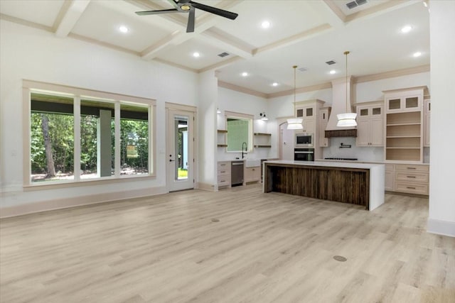 14541 Woodland Crk, Tyler, TX 75706 - kitchen with wall oven, custom exhaust hood, coffered ceiling, white microwave, and ceiling fan