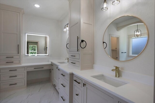 14541 Woodland Crk, Tyler, TX 75706 - bathroom with double vanity, marble look tiles, and recessed lighting