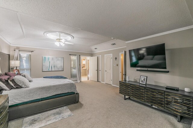bedroom with carpet flooring, crown molding, a textured ceiling, and baseboards