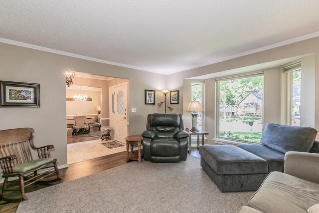 living area featuring a chandelier, a textured ceiling, ornamental molding, and wood finished floors