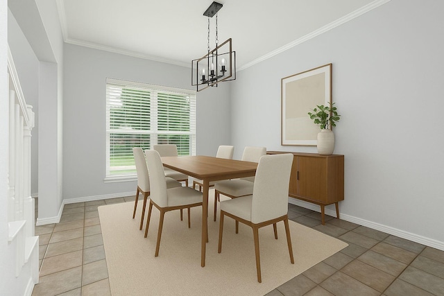 1315 Falcon Dr, Lewisville, TX 75077 - dining room with ornamental molding, light tile patterned floors, a chandelier, plenty of natural light, and baseboards