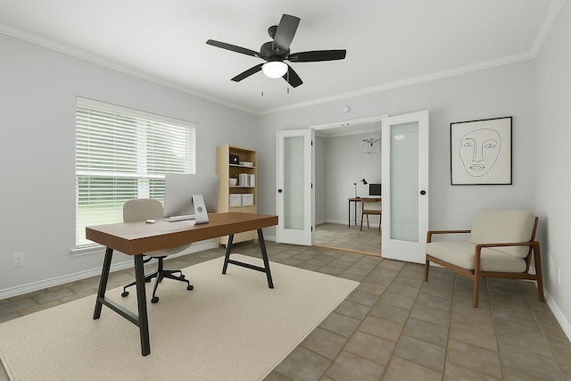 1315 Falcon Dr, Lewisville, TX 75077 - home office with ornamental molding, baseboards, and a ceiling fan