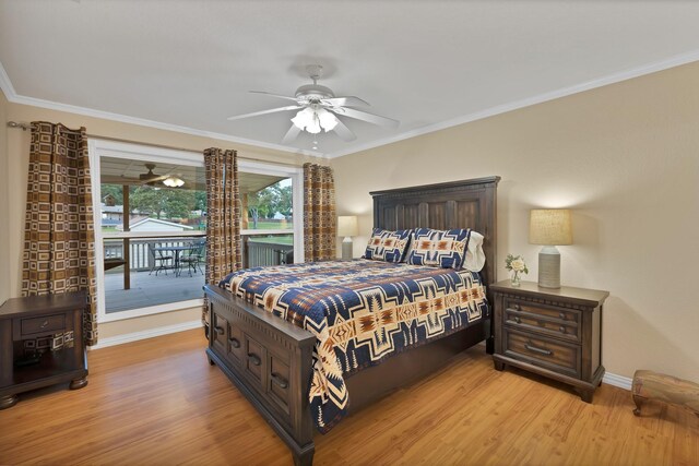 bedroom with access to exterior, light wood-type flooring, baseboards, crown molding, and a ceiling fan