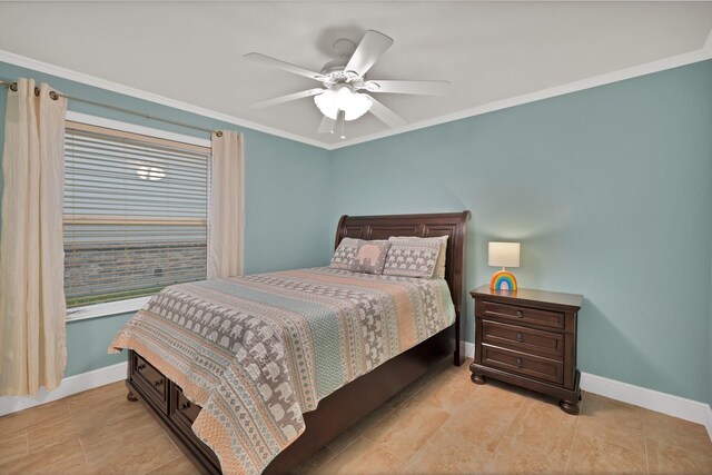 bedroom with baseboards, ornamental molding, and a ceiling fan