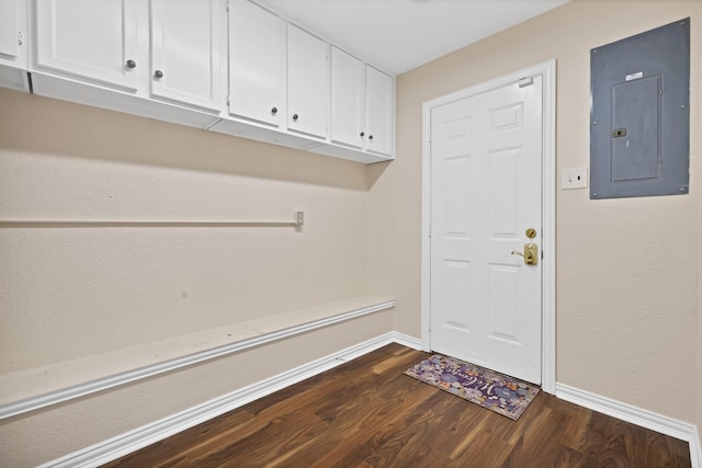 doorway to outside with electric panel, dark wood-type flooring, and baseboards