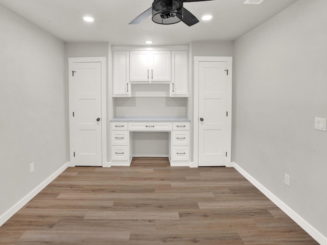 309 Rash Ln, Terrell, TX 75160 - unfurnished office featuring built in study area, ceiling fan, baseboards, recessed lighting, and light wood finished floors