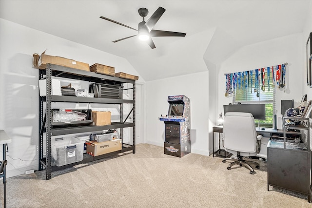 6273 El Capitan St, Fort Worth, TX 76179 - home office featuring ceiling fan, carpet flooring, vaulted ceiling, and baseboards