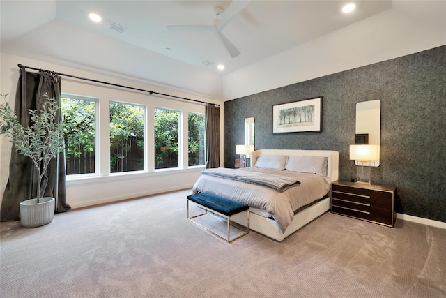 3520 Valmur Ave, Colleyville, TX 76034 - carpeted bedroom featuring lofted ceiling, baseboards, recessed lighting, and ceiling fan
