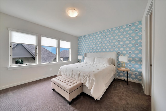 3520 Valmur Ave, Colleyville, TX 76034 - bedroom featuring baseboards, dark colored carpet, and wallpapered walls