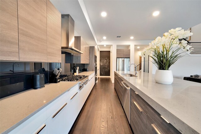 3520 Valmur Ave, Colleyville, TX 76034 - kitchen with wall chimney range hood, modern cabinets, appliances with stainless steel finishes, a sink, and dark wood-type flooring