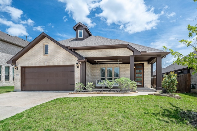 9117 Amistad Ln, Denton, TX 76226 - view of front of house featuring brick siding, an attached garage, driveway, covered porch, and a shingled roof
