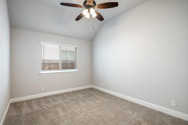 9117 Amistad Ln, Denton, TX 76226 - spare room featuring lofted ceiling, carpet floors, a ceiling fan, and baseboards