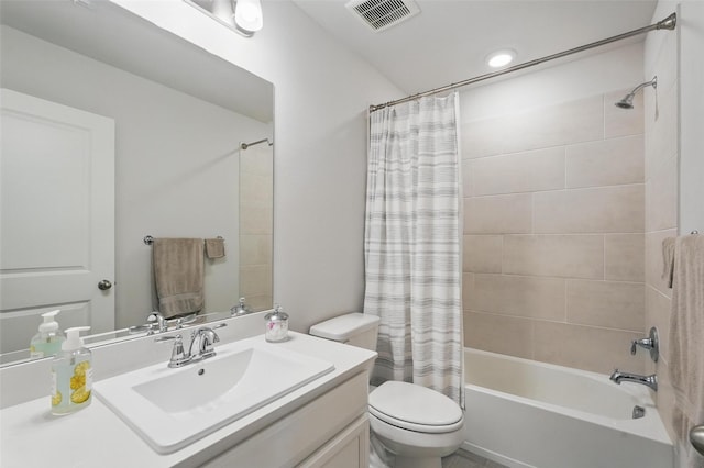full bath with shower / bath combination with curtain, toilet, and vanity