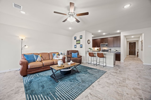 3249 Glorioso Dr, Royse City, TX 75189 - living area with a ceiling fan, vaulted ceiling, baseboards, and recessed lighting