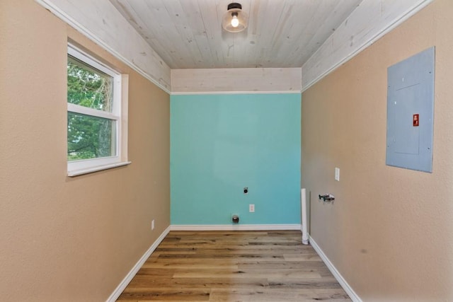 1941 State Highway 59 S, Bowie, TX 76230 - laundry area with hookup for an electric dryer, electric panel, wood finished floors, baseboards, and wood ceiling