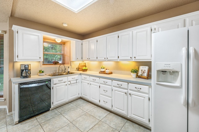 kitchen with white fridge with ice dispenser, black dishwasher, a sink, light countertops, and light tile patterned floors
