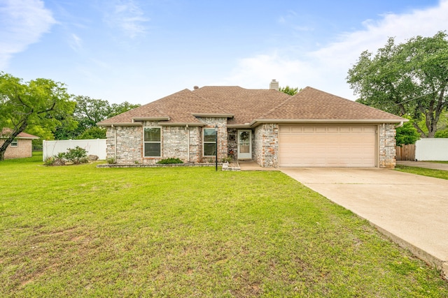view of front facade featuring a garage, driveway, a shingled roof, and a chimney