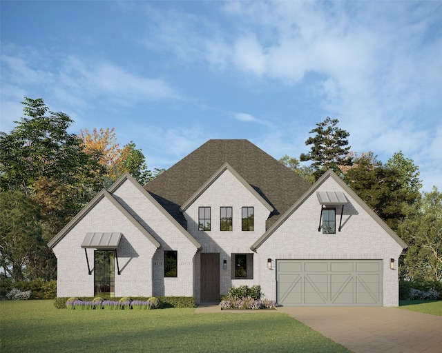 view of front of house featuring driveway, a front lawn, brick siding, roof with shingles, and a garage