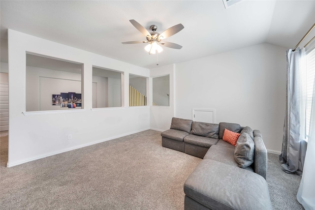 2507 Henley Way, Mansfield, TX 76084 - living room with carpet floors, a ceiling fan, baseboards, and lofted ceiling