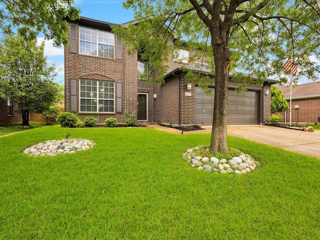 traditional-style house with brick siding, concrete driveway, a front yard, and an attached garage