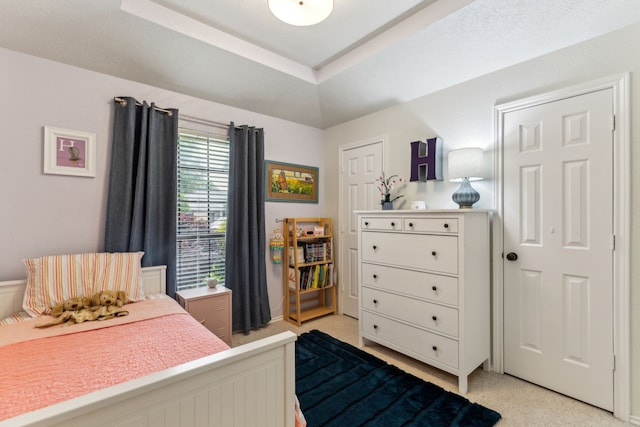 bedroom with a tray ceiling