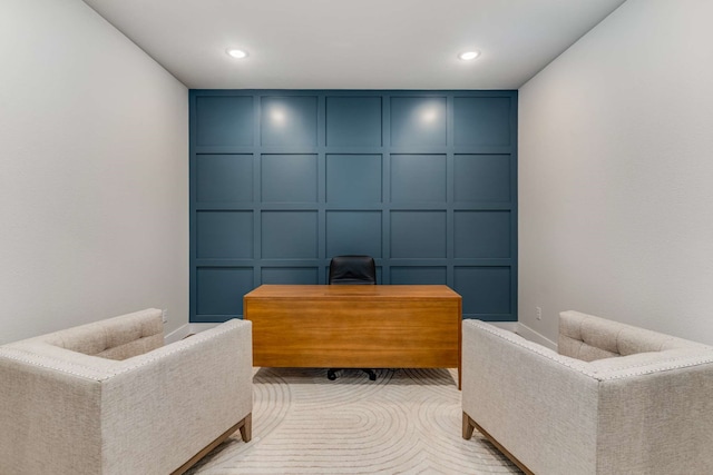 175 Stirling Dr, Argyle, TX 76226 - home office featuring a decorative wall, light carpet, and recessed lighting
