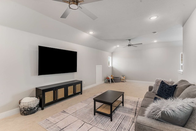 175 Stirling Dr, Argyle, TX 76226 - carpeted living room featuring a ceiling fan, recessed lighting, baseboards, and lofted ceiling