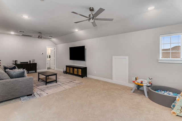 175 Stirling Dr, Argyle, TX 76226 - carpeted living room featuring a ceiling fan, lofted ceiling, recessed lighting, and baseboards