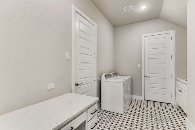 175 Stirling Dr, Argyle, TX 76226 - laundry room featuring separate washer and dryer, cabinet space, light floors, recessed lighting, and baseboards